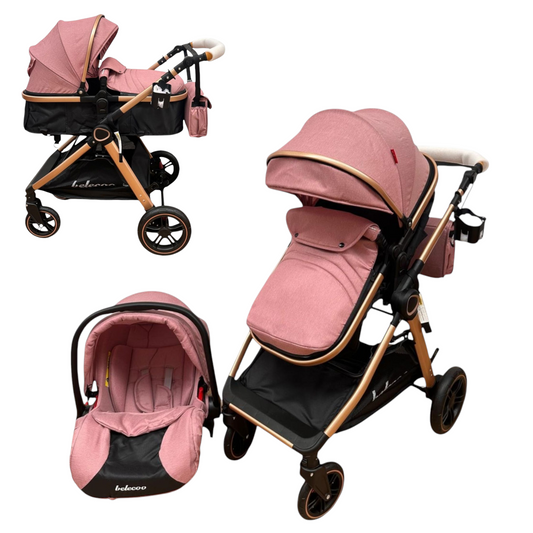 Carucior 3 in 1 Belecoo XID cu landou transformabil,pliere compacta reversibil, recomandat 0-36 luni culoare Roz/Negru  BBDXID3ROZNEGRU