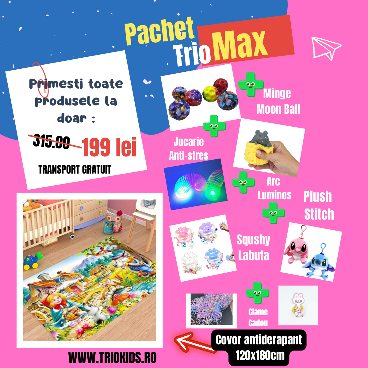 Pachet TRIO MAX Covor Scufita Rosie , marime 120x180 cm si 5 Jucarii interactive +CADOU