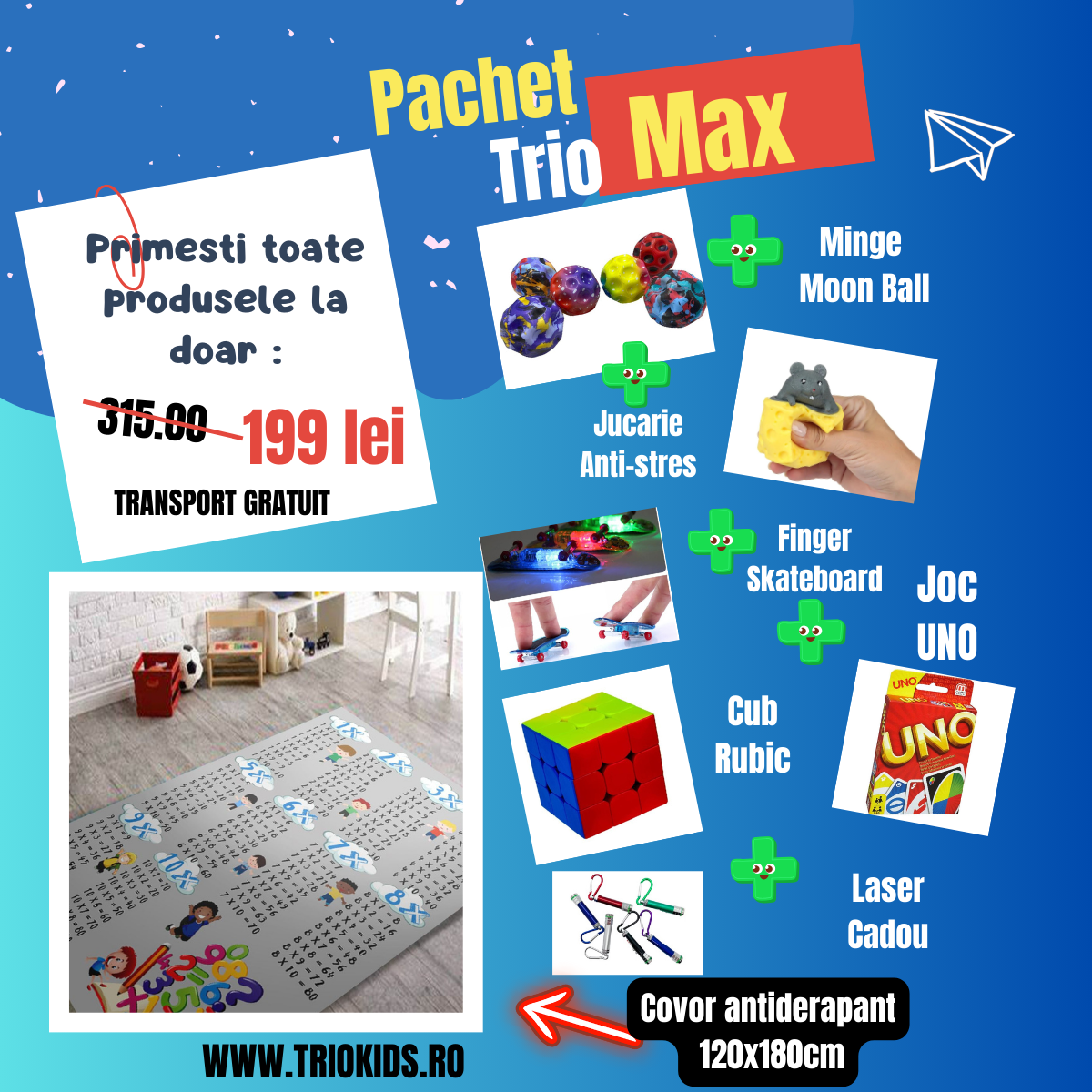 Pachet TRIO MAX Covor Tabla inmultirii gri  , marime 120x180 cm si 5 Jucarii interactive + CADOU