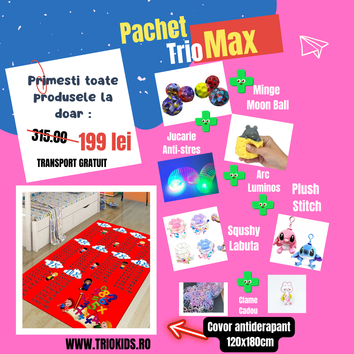 Pachet TRIO MAX Covor Tabla inmultirii rosu , marime 120x180 cm si 5 Jucarii interactive +CADOU
